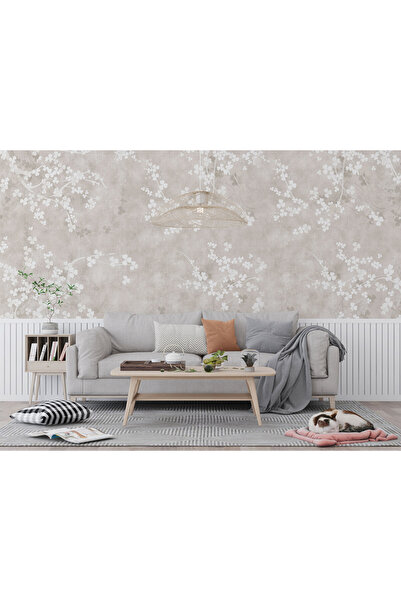 LOTUS AURA Bej Tonlu Çiçekli Duvar Kağıdı, Ağaç Dalı Yaprak Desenli Duvar Resmi, Sulu Boya Duvar Posteri