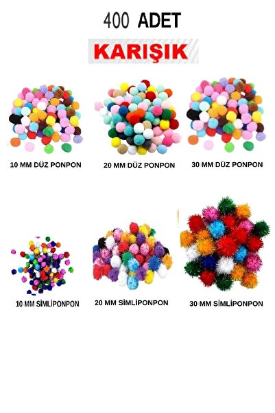 W-Design Renkli Pon Pon 10 20 30 mm Sade ve Simli Ana Renkler Seti Toplam 400...