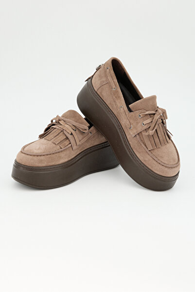 Jande Ayakkabı Süet Püskül Detaylı Platform Loafer – Vizon Hakiki Deri