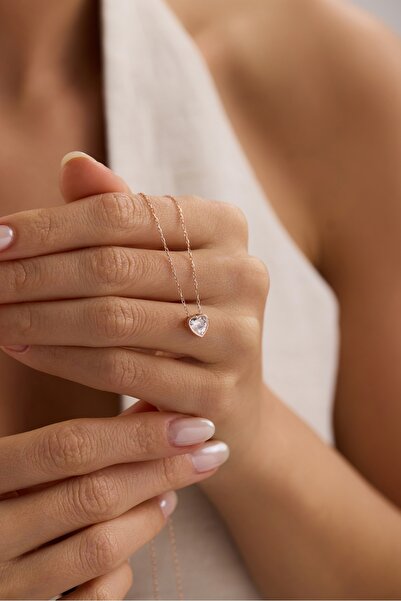 Nereze 925 Ayar Gümüş Rose Kaplama Minimal Tasarım Kalp Kolye