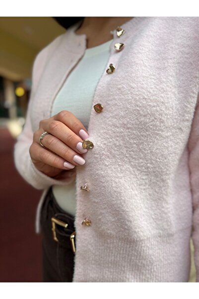 Valivya Pembe Bisiklet Yaka Gold Düğmeli Triko Hırka