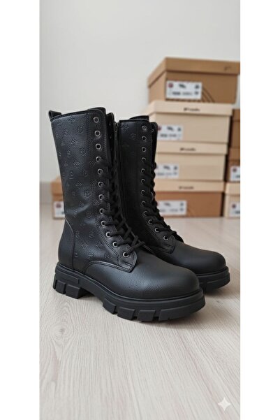 Pierre Cardin Women's Non-Slip Sole Monogram Patterned Lace-Up Boots