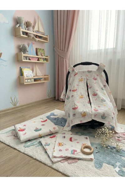 Baby ⛵ Yelkenli Desenli Müslin Puset Örtüsü ve Müslin Örtü (2 Adet Ağız Mendi...