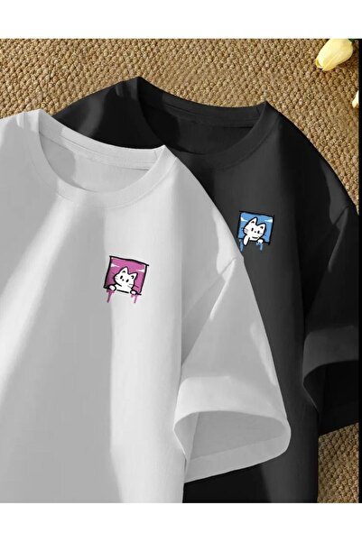 Oceanwear Kedi Baskılı Bisiklet Yaka Kısa Kol Unisex 2'li Tshirt Beyaz - Siyah