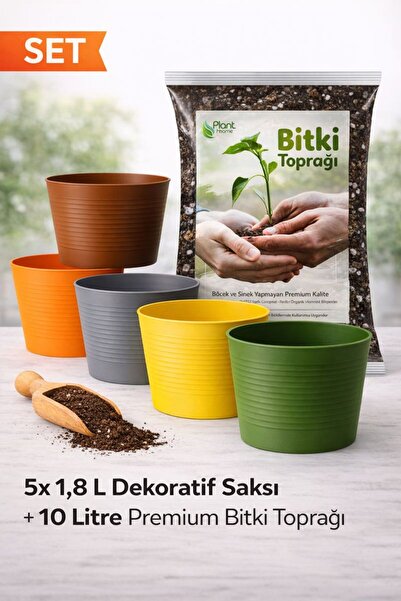 Plant Home Power Mix 5’li 1,8 L Dekoratif Kırılmaz Saksı Seti + 10 L Premium ...