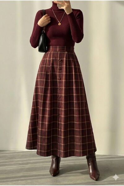 PINTORE Kadın Düğme Detaylı Cepli Uzun Ekose Etek