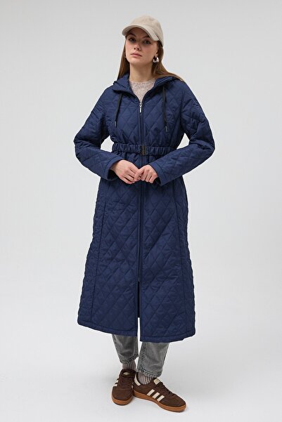 QANU معطف مبطن فاخر باللون الأزرق الداكن