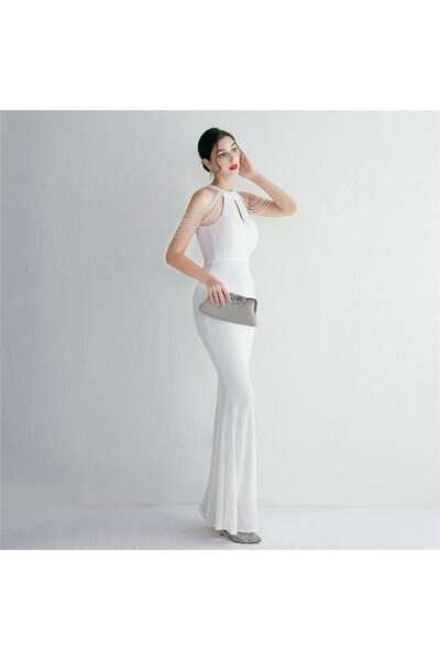 kermiş TREND armut yaka kristal detaylı pullu abiye elbise