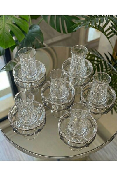 Elta Collection 12 Parça 6 Kişilik Kristal Kesim Çay Takımı – Cam Çay Bardağı ve Tabak Seti