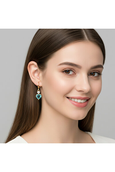 Heppii Turquoise Blue Dangle Heart Stone Charm Hoop Earrings Gold Minimal Stylish Design