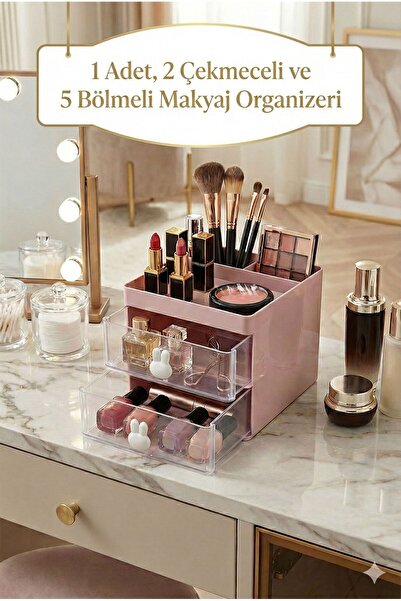 Reona Pembe 2 Çekmeceli Makyaj Organizeri – 5 Bölmeli Kozmetik, Fırça & Takı ...