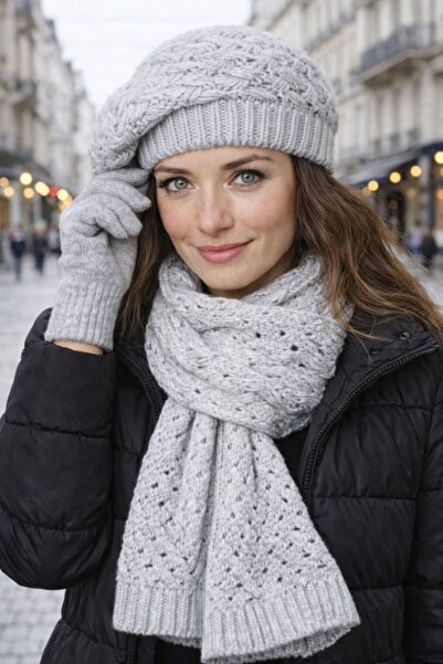 LAGRANZE Women's City Texture Scarf Beanie Gloves Set of 3