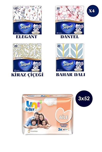 Selpak Deluxe Elegant Design Desenli Peçete 4 Paket & Aile 3x52 Islak Havlu