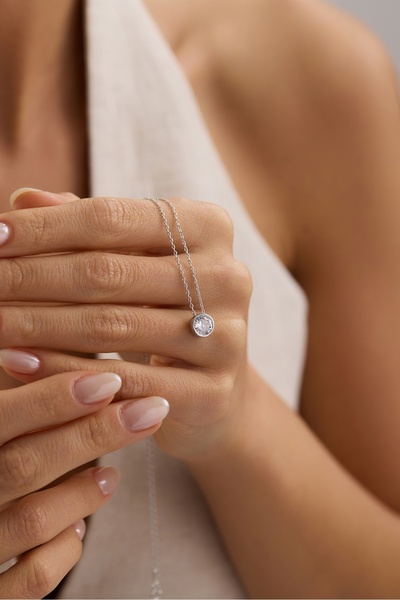 Nereze 925 Ayar Gümüş Rodyum Kaplama Yuvarlak Tasarım Tektaş Kolye