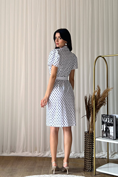 Klex Polka Dot Print Belted V-Neck Short Sleeve Midi A-Line Stylish Dress