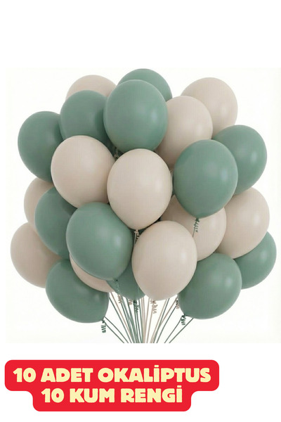 Baloncu Nene 10 Adet Kum Rengi 10 Adet Okaliptus Pastel Balon Doğum Günü Malz...