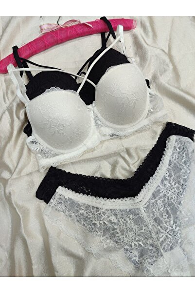 Love Angels Lace Detailed Unpadded Cross String Underwire Bra Panty Set - Lin...