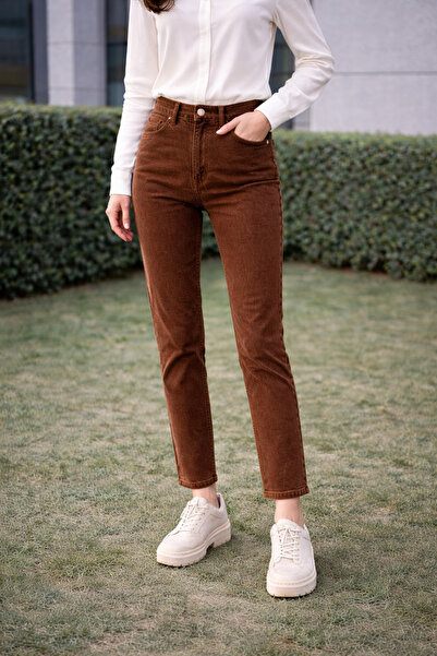 DELDNM Lucky Women's Brown Mom Jean Boyfriend High Waist Stretch Fabric Pants