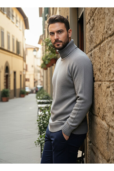 Millionaire Men's Gray Italian Raglan Sleeve Detailed Thick Turtleneck Regular 100% Cotton Knitwear Sweater