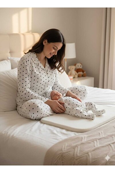 Tiny World ANNE PİJAMA BEBEK TULUM SET KALP DESENLİ ANNE VE BEBEĞİN İLK UYUMU