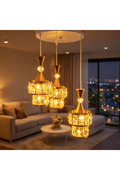 TEKNO mirsa çizgili miraç kristal avize 3 lü Beyaz-gold