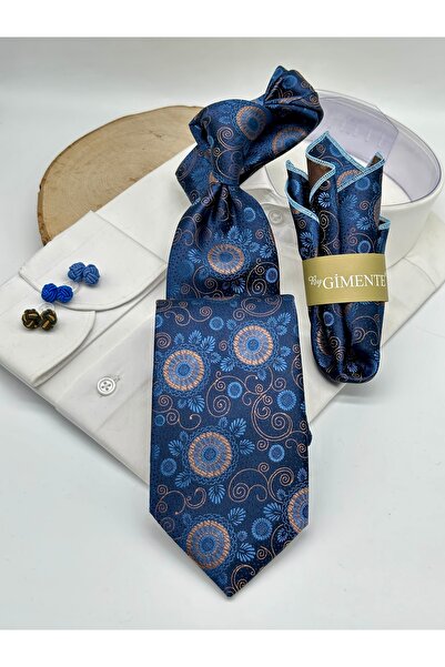 Gutiero Navy Blue Shawl Patterned Classic Tie with Handkerchief