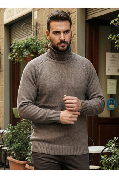 Millionaire Men's Mink Brown Italian Regln Sleeve Detailed Thick Turtleneck High Neck Regular 100% Cotton Knitwear Sweater