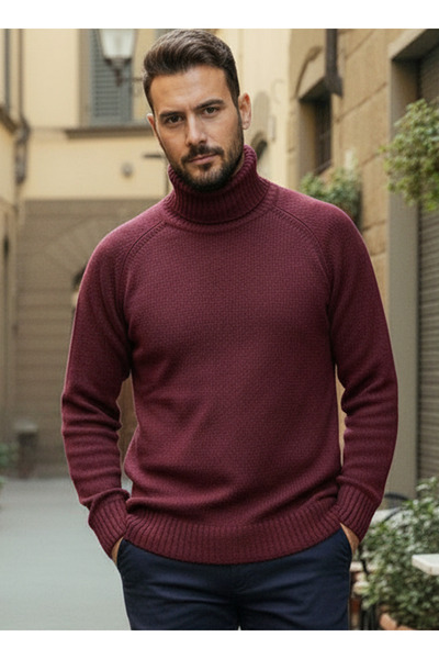 Millionaire Men's Burgundy Italian Raglan Sleeve Detailed Thick Turtleneck Regular 100% Cotton Knitwear Sweater