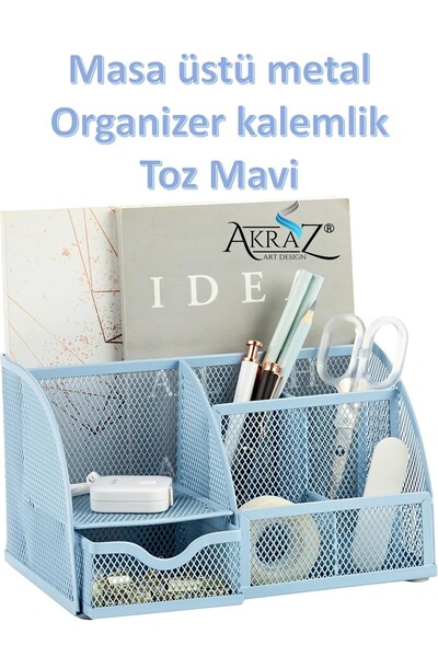 Akraz Art Design MASA ÜSTÜ METAL KALEMLİK TOZ MAVİ YEDİ GÖZLÜ (ORGANİZER MASA...