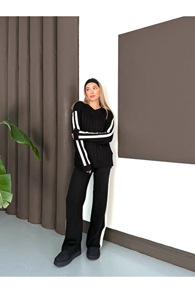 Lusin Women's Black Striped Detail Sweater Pants Bottom Top Two-Piece Knitwear Set