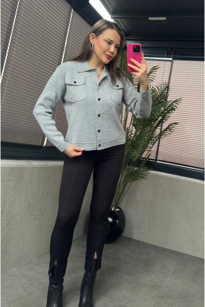MİR STORE Gray Mercerized Cardigan with Black Snap Buttons