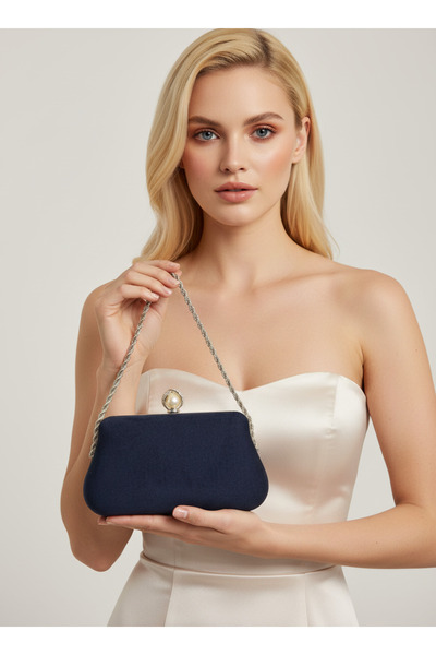 Wedding Fashion Navy Blue Luxury Suede Metal Chain Handle Pearl Stone Embroid...