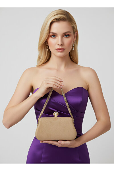 Biçanta Nude Gold Luxury Suede Metal Chain Handle Pearl Stone Embroidered Women Evening Dress Bag Wedding Engagement Graduation