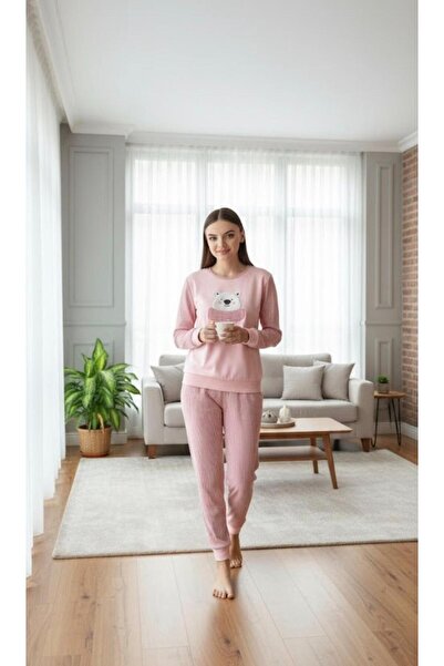İpek Women's Long Sleeve Teddy Bear Pattern Thermal Pajama Set
