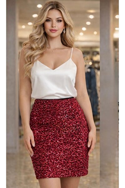 NİLS FASHİON Büyük beden kadife pulpayet etek