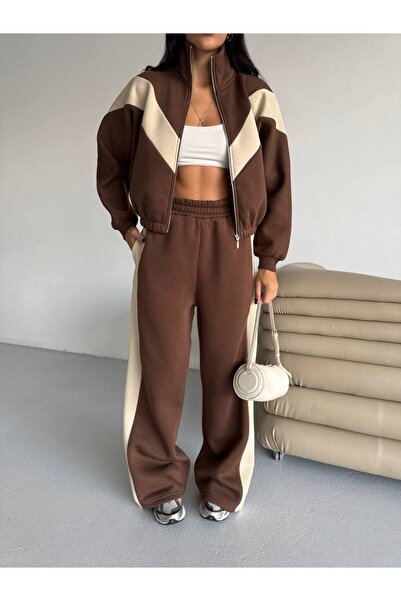 BE CHİC Women's Stand-Up Collar 3-Ply Shar Fleece-Lined Ri̇t Detail Decorated Tracksuit Set Sgt1006