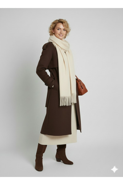 Mavero Women's Ecru Soft Textured Acrylic Knitted Scarf Tassel Shawl