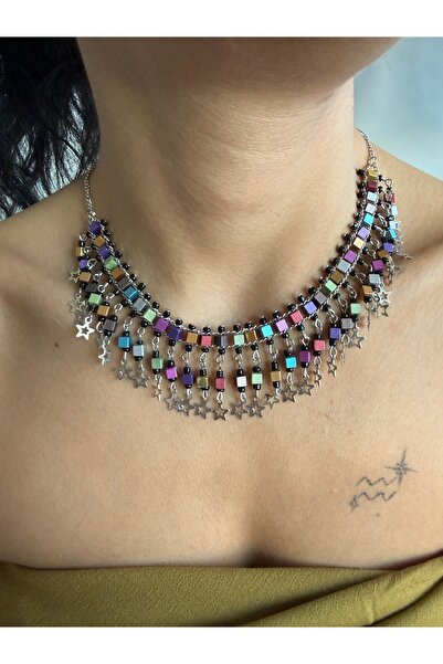 dela otantik Star Themed Colorful Cube Bead Necklace – Handmade Bohemian Authentic Flashy Bijouterie Jewelry
