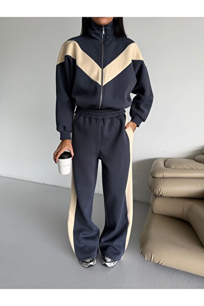 BE CHİC Women's Stand-Up Collar 3-Ply Shar Fleece-Lined Ri̇t Detail Decorated Tracksuit Set Sgt1006