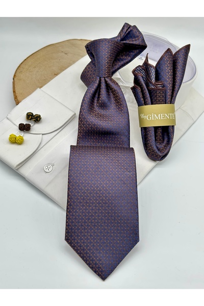 Gutiero Brown Patterned Classic Tie with Handkerchief