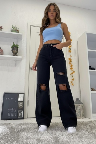 NWC Love 90`S Stretch Fabric Casual Women's Black 3 Ripped Super High Bel Wid...