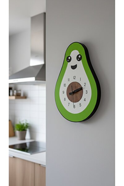 Porsuk Modern Avokado Temalı Ahşap Duvar Saati Mutfak Dekoratif Tasarım Saat