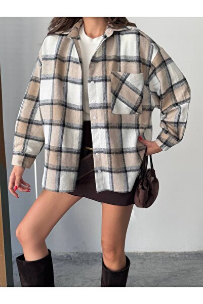 BE CHİC Women's Pocketed Oversize Loose Cut Plaid Woodcutter Shirt Sgt1008