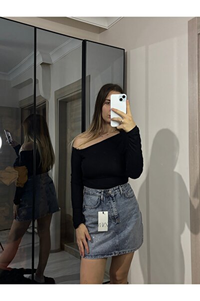 ELA Kadın Tek Omuz Buzzy Kumaş Kayık Yaka Bluz