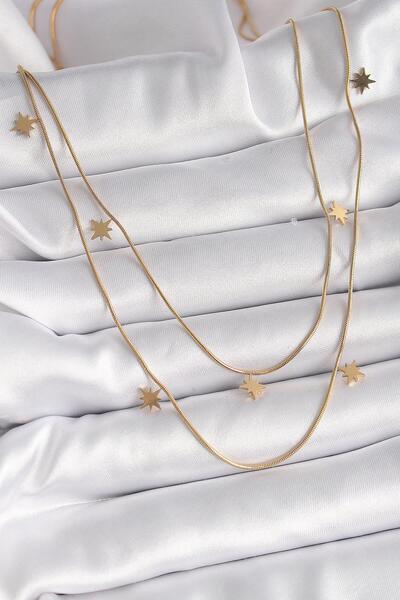 OceanDesign Çelik Gold Renk Zincir 2'Li Kutup Yıldızı Model Kadın Kolye