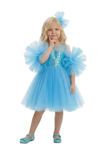 Ceylin Fashion Kız Çocuk Ponpon Kol Pul Payetli Askılı Kabarık Tütü Etekli Ab...