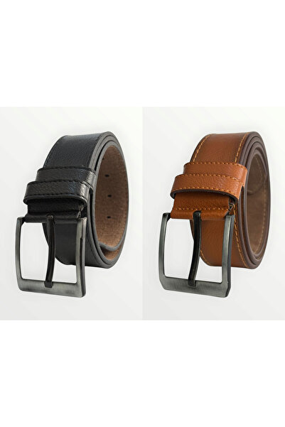 Mia Belt Men's Belt Stitched 2-Pack Black Tan Faux Leather Suitable for Jeans and Canvas Pants Width: 4.5 cm