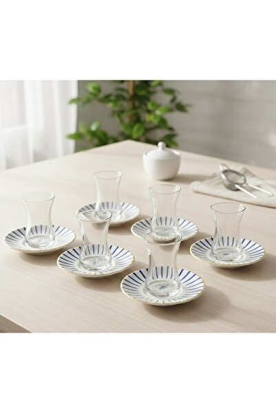 humazeyy 6 kişilik porselen tabaklı ince belli çay bardağı seti