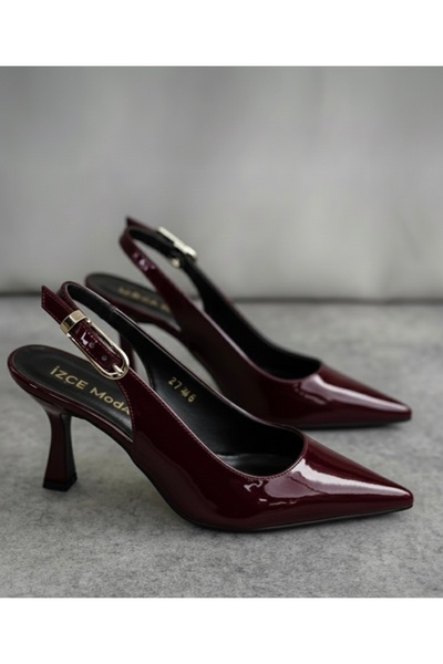 İZCE MODA Tocuri înalte de damă, cu curele la gleznă, din piele lacuită burgundă