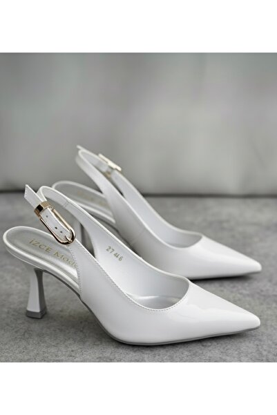 İZCE MODA Women's High Heels Pointed Ankle Strap White Patent Leather